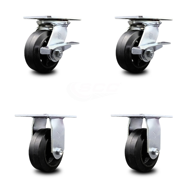 5 Inch Rubber on Steel Caster Set with Ball Bearing 2 Brakes and 2 Rigid SCC